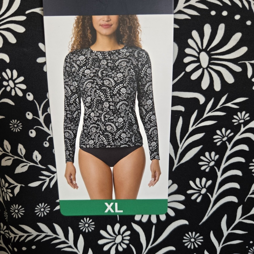 Lands' End UPF 50 Swim Top Rash Guard Floral Black Long Sleeve XL NWT